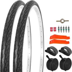 RUHUO 2세트 24x1 3/8 휠체어 타이어 및 튜브 21인치 림 장착 24인치 펑크 방지 접이식 스트리트 바이크
