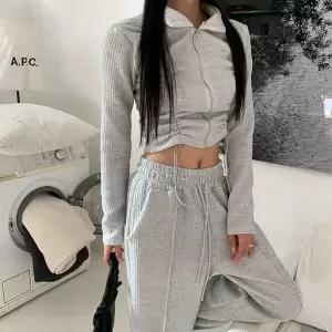 여자 고무줄 스트링집업 컷아웃 골지 팬츠세트