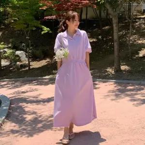 [옷자락] 여자 오픈 카라넥 허리밴딩 루즈 반팔 롱원피스