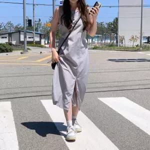 [옷자락] 여자 라운드넥 나일론 절개트임 롱 나시 원피스