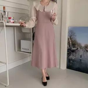 [옷자락] 여자 프릴 카라넥 허리 스트랩 로맨틱 롱 원피스