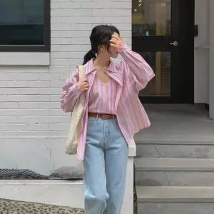 여자 스트라이프 패턴 브이넥 끈나시 셔츠 세트