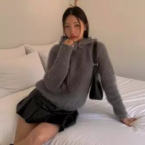 여자 버튼 모자 앙고라 솔잎 니트 세트