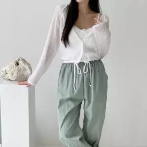 여자 브이넥 레이스 리본 골지 끈 나시