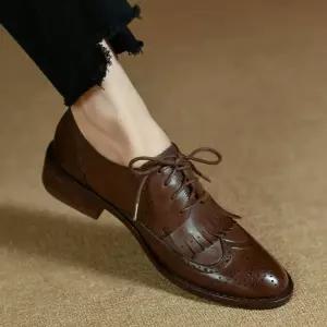 여성 옥스퍼드화 로퍼 영국 레트로 플랫 통굽 소가죽 로우 힐 정장구두 스타일 레이디