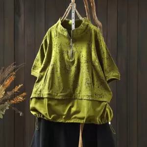 천진반 여자 캐주얼 하계 반팔 상의 티 빅사이즈 나염 라운드넥 반집업 데일리룩 차이나 KUK2