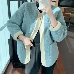 겨울 뽀글이 노카라 여자 점퍼 양털자켓 오버핏 부클자켓 페이크퍼 배색