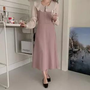 [옷자락]여자 프릴 카라넥 허리 스트랩 로맨틱 롱 원피스