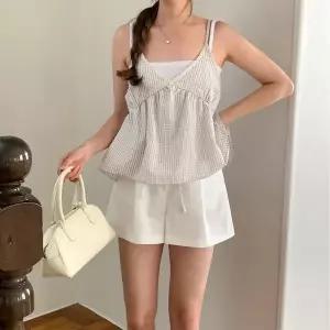 [신세계라이브쇼핑][옷자락] 여자 브이넥 체크 레이스 뷔스티에 나시 블라우스