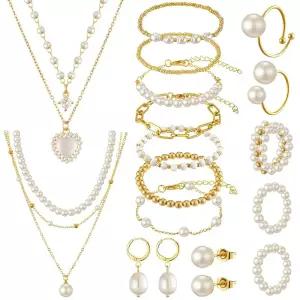 Tondiamo 여성용 골드 진주 라인스톤 주얼리 세트, 골드 도금 진주 레이어 참 목걸이 팔찌 귀걸이 반지 트