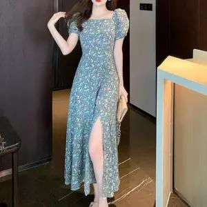 [라일리여성의류] Rly 스퀘어넥 플라워 트임 롱 원피스 A라인 퍼프소매