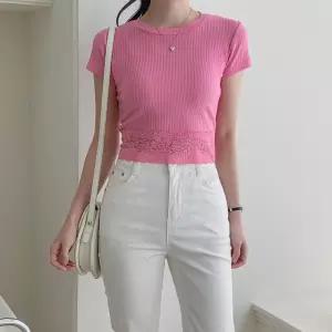 여자 라운드넥 골지 슬림핏 밑단 레이스 반팔T