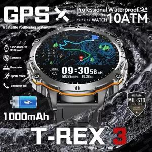 T-Rex 3 군용 등급 1000mAh 배터리 스마트 시계 10ATM 방수 GPS 나침반 고도계 통화 AMOLED 남자 수영 스포