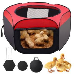 병아리용 접이식 브로더 박스, 바닥 매트가 있는 칙 펜스 휴대용 반려견 플레이펜 케이지, 대형 텐트 옥스포드 패브릭 케이지 실내/외, 빨간색 및 검은색