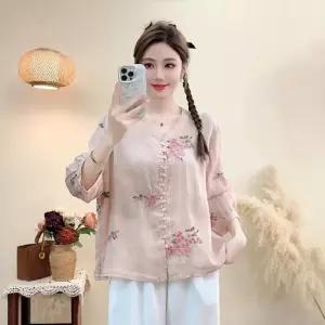 스파이더맨 여성용 여름 브이넥 칠부 카디건 슬림핏 셔츠 상의 모시 풀자수 OPH1