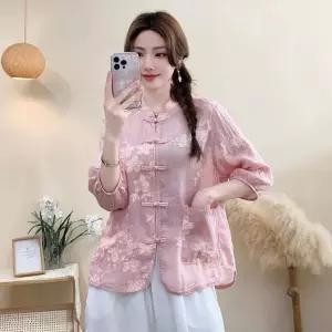 스파이더맨 여성용 빈티지 여름 차이나 탑 자수 버클 셔츠 남방 모시 OPH1