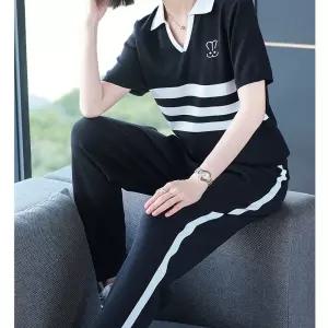 여자 여름 캐주얼 투피스 긴팔세트 반팔세트 스트라이프 반팔 폴라넥 냉장고 슈트 엄마룩 트레이닝복 패션