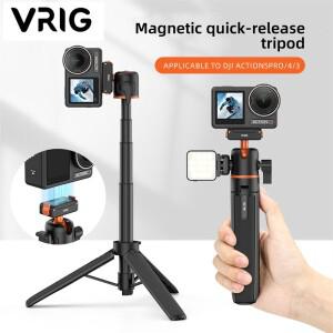 DJI 오즈모 액션 5 4 3용 VRIG 마그네틱 삼각대 360도 회전 볼헤드 및 콜드슈 포함 조절식 셀카봉 스탠드