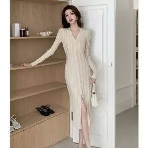 스파이더맨 원피스 치마 니트 부드러운 프렌치 여밈 꽈배기 브이넥 바람막이 여성치마 긴팔 OPH1