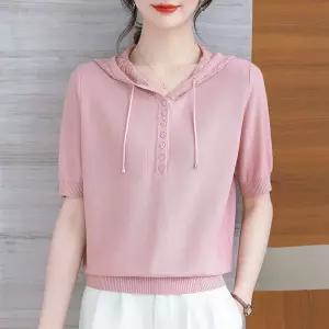 여사친 여름 캐주얼 니트 상의 후드 후드티 펀칭 올오버 반팔 얇은 티 레이셀 OP2