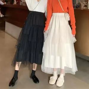 여성 옆 리본스트링 망사 레이스 3단 롱 스커트 치마 Zvv6+6sjm