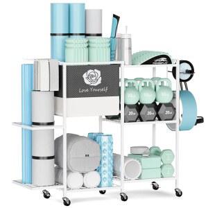 요가 매트 보관 랙 홈 체육관 운동 기구 보관용 피트니스 웨이트 온 휠 블록 폼 롤러 저항 밴드 덤프벨 케틀벨 및 기타 액세서리