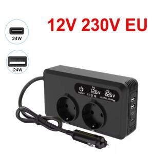 200W 차량용 인버터 시거잭 플러그 2 USB 타입-C 포트 컨버터 고속 충전  소켓 전원 어댑터