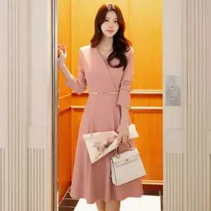 ~XXL까지 피아크 플레어 벨트 원피스 봄 가을 페미닌 여성미 하객룩 오피스룩 모임룩 격식룩 빅사이즈12244