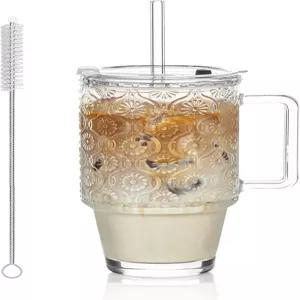 케모렐라 24온스 립글래스 텀블러 뚜껑과 빨대 손잡이가 달린 컵 스 커피 유리 제품 스무디와 음료용 투명