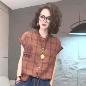 포뇨 여성용 사 더블 반팔 체크 싱글 셔츠 차이나 블레이저 OPH2