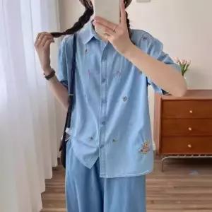 포뇨 데님 하계 여성용 캐릭터 자수 토끼 워싱 반팔 셔츠 OPH2