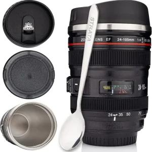 스트라타 컵스 카메라 렌즈 커피 머그잔 13.5온스 2개의 뚜껑 숟가락 가방 선물 아빠 사진 액세서리 참신한