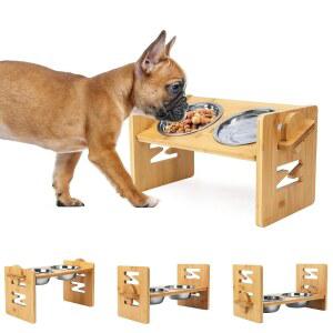 고가 개 그릇 조절 가능한 기울어진 사료 물그릇 중소형 개를 위한 스테인리스 스틸 그릇이 있는 대나무 반려동물 급식소 고양이 평평한 얼굴의 강아지 급식기