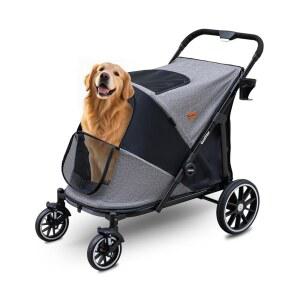 대형견 및 고양이용 개 유모차, 최대 130파운드, 360 내마모성 고무 휠 메시 창, 초대형 헤비 듀티, 에어 메시가 장착된 모든 지형 왜건 카트 2마리용 접이식 대형 애완동물 유모차