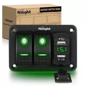 Nilight 2 갱 로커 스위치 패널 그린 백라이트 4.8암페어 듀얼 USB 충전기 전압계 방수 12V 24V DC 나이트