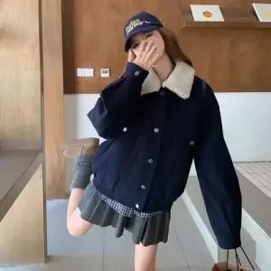 엘럽 남색 빈티지 여성 스웨이드 코듀로이 코트 칼라 파이 숄 기모 모피 원템1