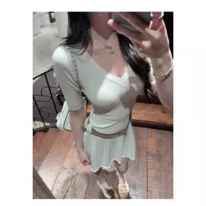 엘럽 니트 원피스 여사친 빈티지 정장 프렌치 브이넥 반팔 벨트 슬림핏 쇼트 원템2