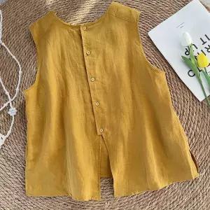 여성용 면 빈티지 여름 민소매 블라우스 라운드 마 셔츠 얇은 나시 탑 KS2