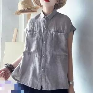 여성용 민소매 블라우스 선염 마 셔츠 여름 빈티지 터틀넥 빅 포켓 상의 KS2