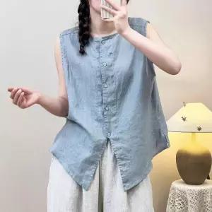 여자 여름 상의 린넨 라운드 샌드 싱글 블라우스 카디건 민소매 솔리드 셔츠 워싱 KS2