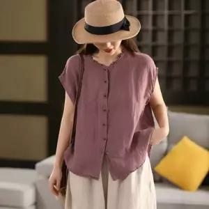 여성용 여름 빈티지 민소매 블라우스 스크래치 린넨 셔츠 싱글 카디건 KS2