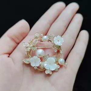 꽃다발 원형 진주 지르코니아 꽃 골드 실버 브로치