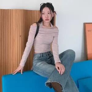 [신세계라이브쇼핑][옷자락] 여자 로프숄더 홀터넥 크롭 니트 티셔츠