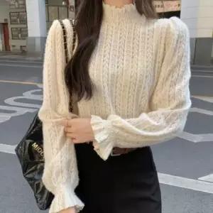 하이넥블라우스 프릴 반하이넥 니트 블라우스 러블리 밴딩 긴팔니트티