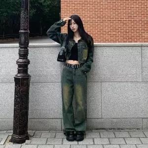 [하프클럽/다잇템]여자 H라인 옐로우 워싱 진 그런지 팬츠