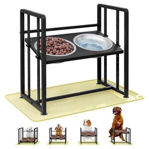 고가 개 그릇 4 높이 조절 가능한 금속 애완동물 사료 공급대 미끄럼 방지 매트 블랙(블랙 공급 ) 2 스테인리스 스틸 사육