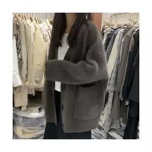 여자 롱 하프 니트 카디건 라쿤 스웨터 춘추 앤티크 톱 CH3