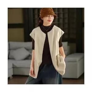 여자 롱 하프 가을 빈티지 카디건 린넨 조끼 라운드 기장 상의 CH3