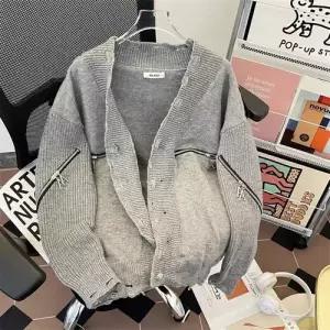 엘럽 남친 니트 스웨터 메탈 브이넥 파괴 카디건 풀집업 원템1