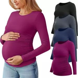 후케이 4팩 여성 임산부 티셔츠 긴 소매 측면 주름 임신 탑 크루 넥 바디콘 셔츠 캐주얼 마마 의상
